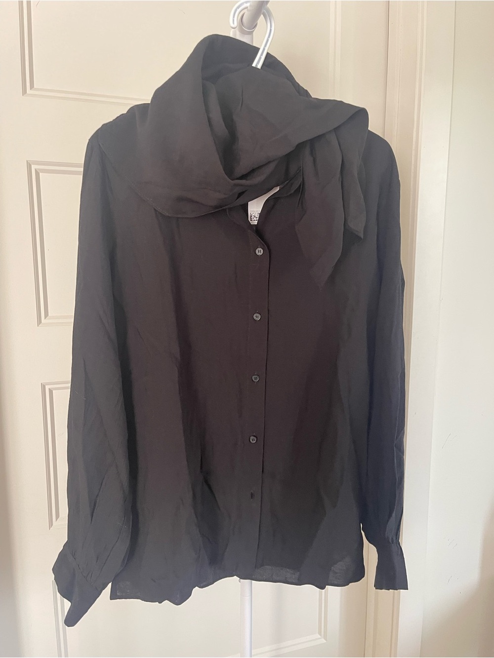H&M Black Button-Down Blouse with Draped Scarf Neck